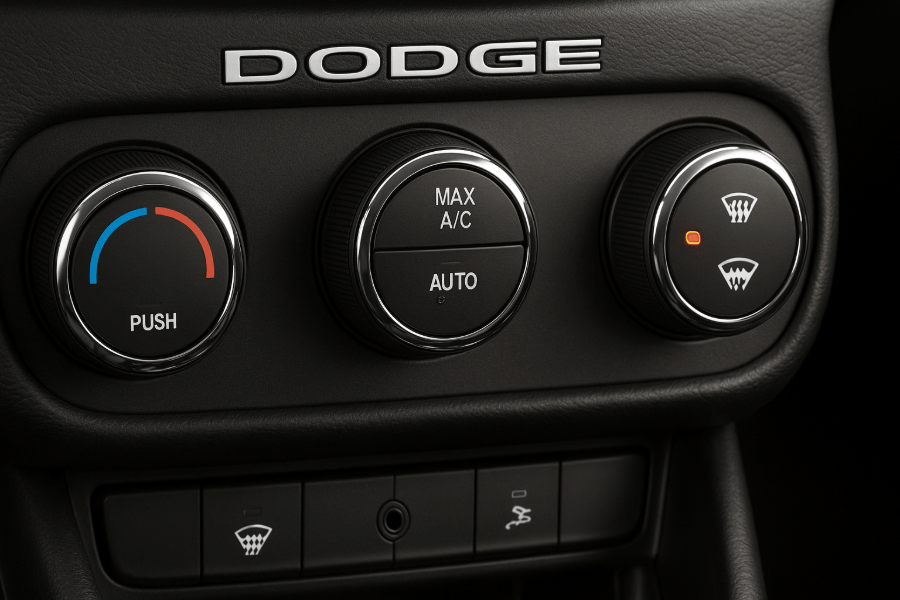 Gros plan sur les commandes de chauffage, de climatisation et de dégivrage du tableau de bord d'un véhicule Dodge