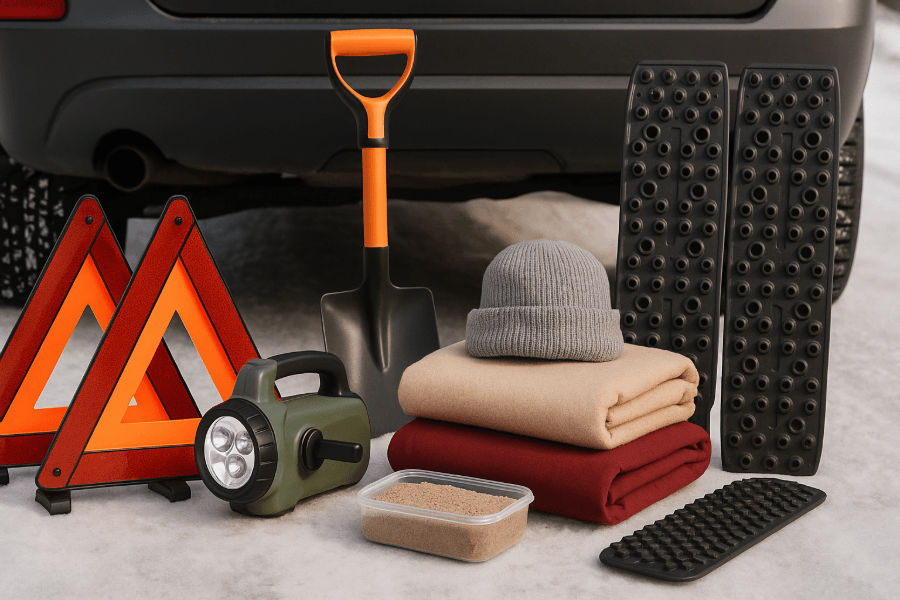 Trousse d'urgence hivernale complète disposée dans la neige derrière une voiture, incluant des triangles de sécurité, une pelle, des plaques de traction, une lampe de poche, des couvertures, une tuque et du sable