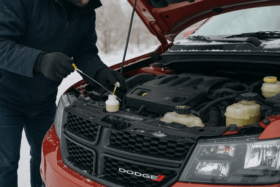 Personne en manteau d'hiver vérifiant le niveau ou la qualité du liquide de refroidissement (antigel) d'un VUS Dodge rouge avec le capot ouvert, dans un décor enneigé
