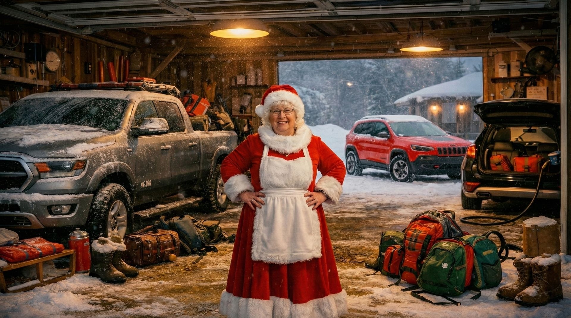 Le garage de la Mère Noël avec plusieurs véhicules Stellantis, chacun prêt pour une mission différente de l’hiver