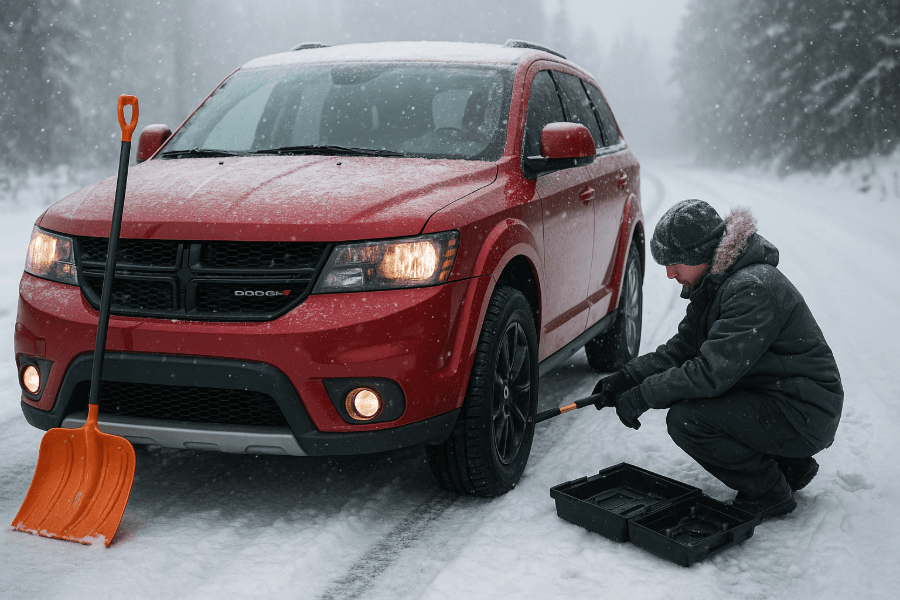 Conducteur s'occupant d'un pneu de Dodge sur le bord d'une route enneigée, illustrant une préparation ou une urgence de conduite hivernale