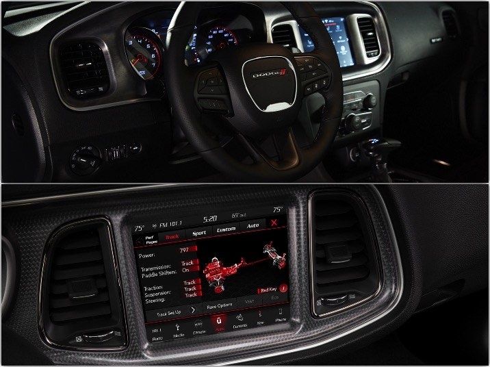comparaison entre le tableau de bord du Dodge Charger 2020 et Challenger 2020 incluant dans les 2 véhicules, l'écran tactile de 7 ou de 8,4 pouces et de nombreuses autres commodités