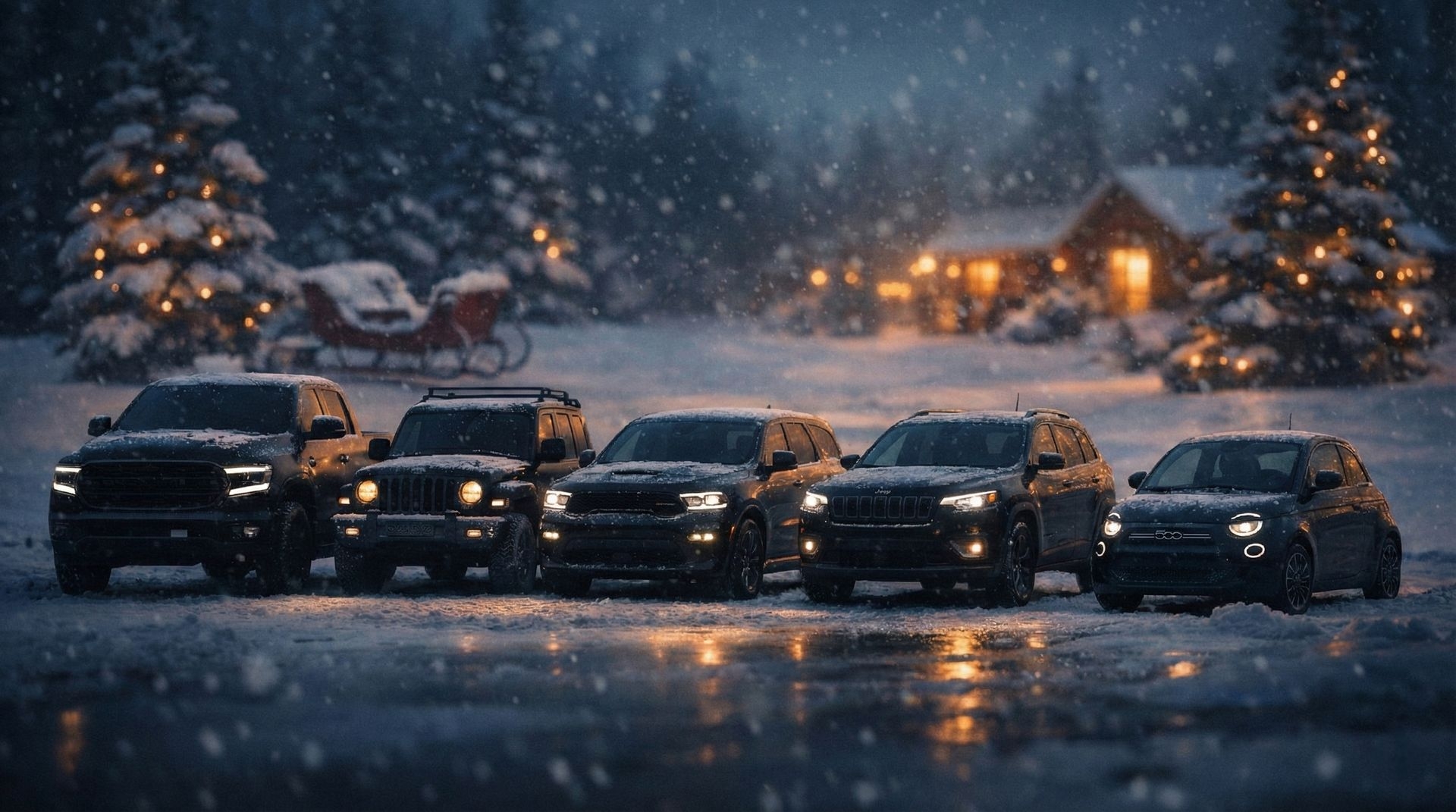 Les véhicules modernes de la Mère Noël alignés sous la neige, prêts pour les missions hivernales