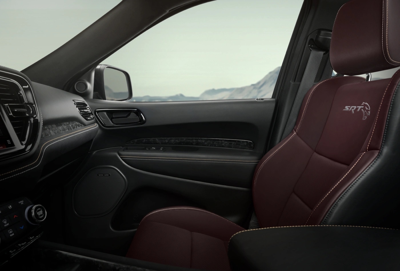 Red leather SRT seats from the 2025 Dodge Durango with contrasting stitching.