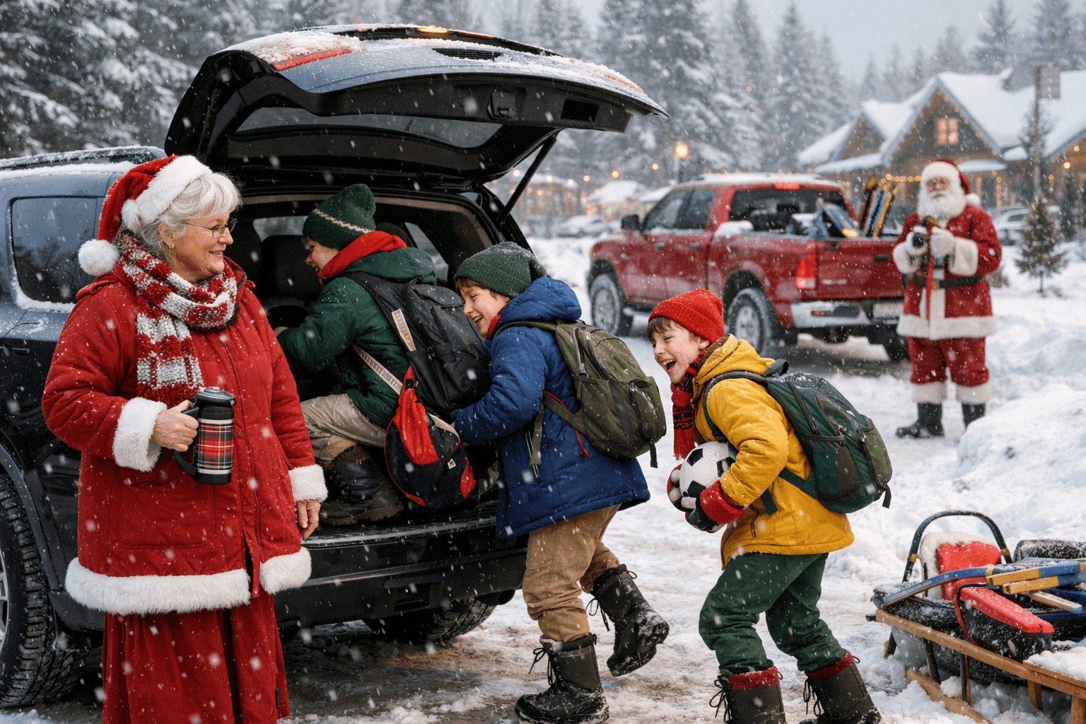 La Mère Noël en mode “soccer mom”, transportant des lutins après leurs activités hivernales avec des véhicules Stellantis