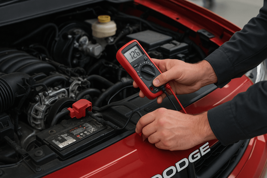 Technicien testant le système électrique et la batterie d'un véhicule Dodge dans un atelier